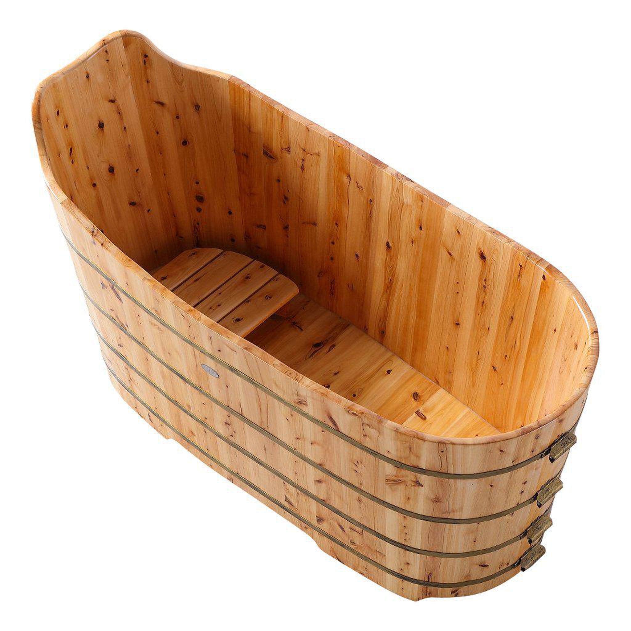 ALFI Brand, ALFI Brand AB1103 59" One Person Freestanding Soaking Cedar Wood Bathtub With Bench