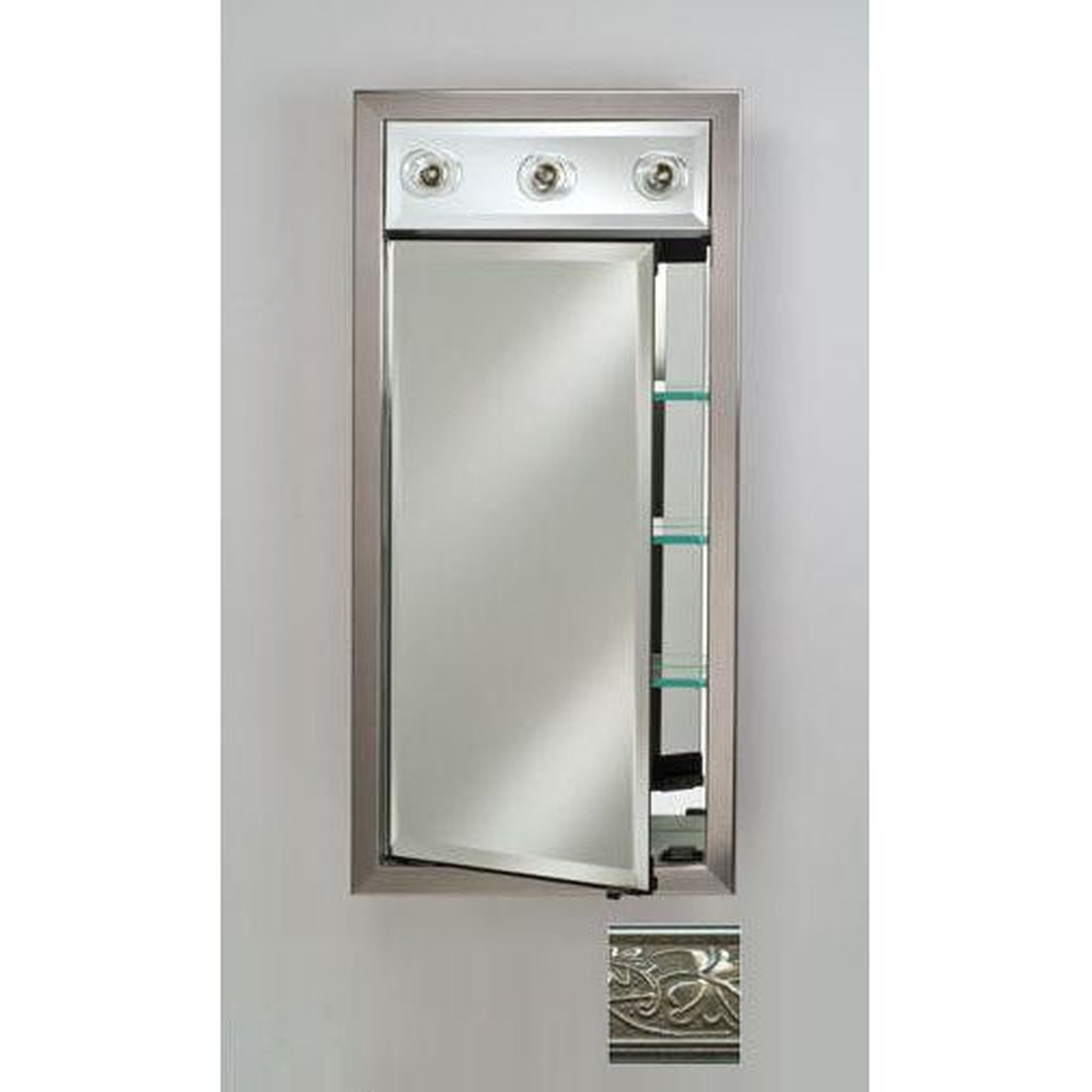 Afina, Afina Signature 17" x 30" Aristocrat Antique Silver Recessed Left Hinged Single Door Medicine Cabinet With Contemporary Lights