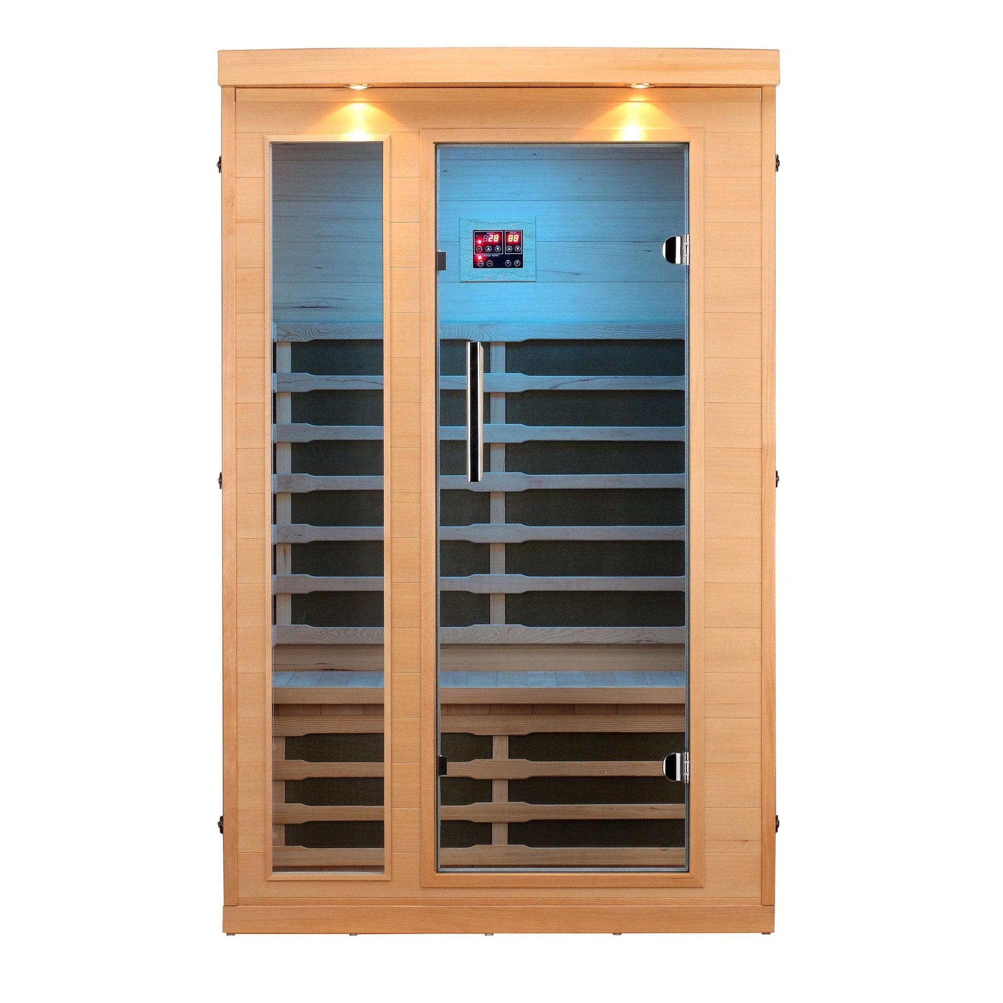 Aleko, Aleko Canadian Hemlock 2-Person Indoor Infrared Sauna With EMF Mica Carbon Heater, Control Panel and Multi-Colored Light Spectrum